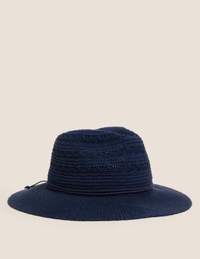 Kadın Lacivert Bağlama Detaylı Hasır Şapka