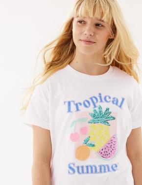 Kız Çocuk Beyaz Saf Pamuklu Pul Detaylı T-Shirt (6-16 Yaş)