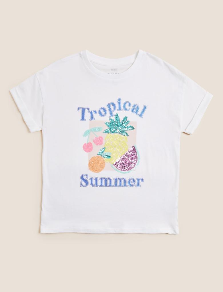 Kız Çocuk Beyaz Saf Pamuklu Pul Detaylı T-Shirt (6-16 Yaş)