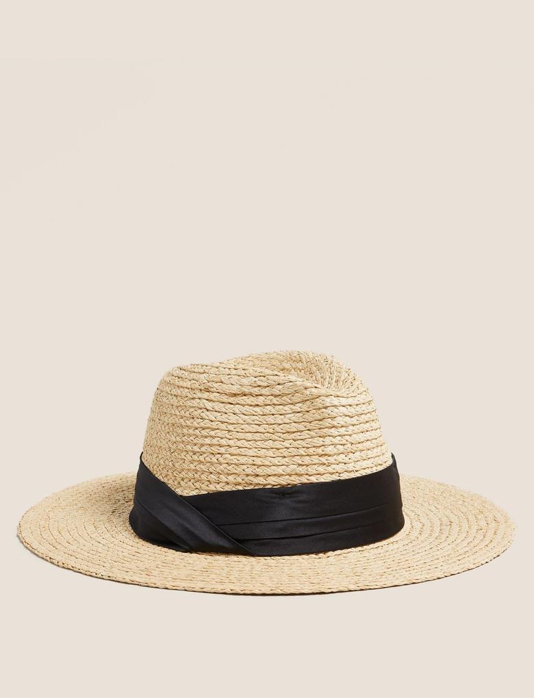 Kadın Krem Şerit Detaylı Hasır Şapka