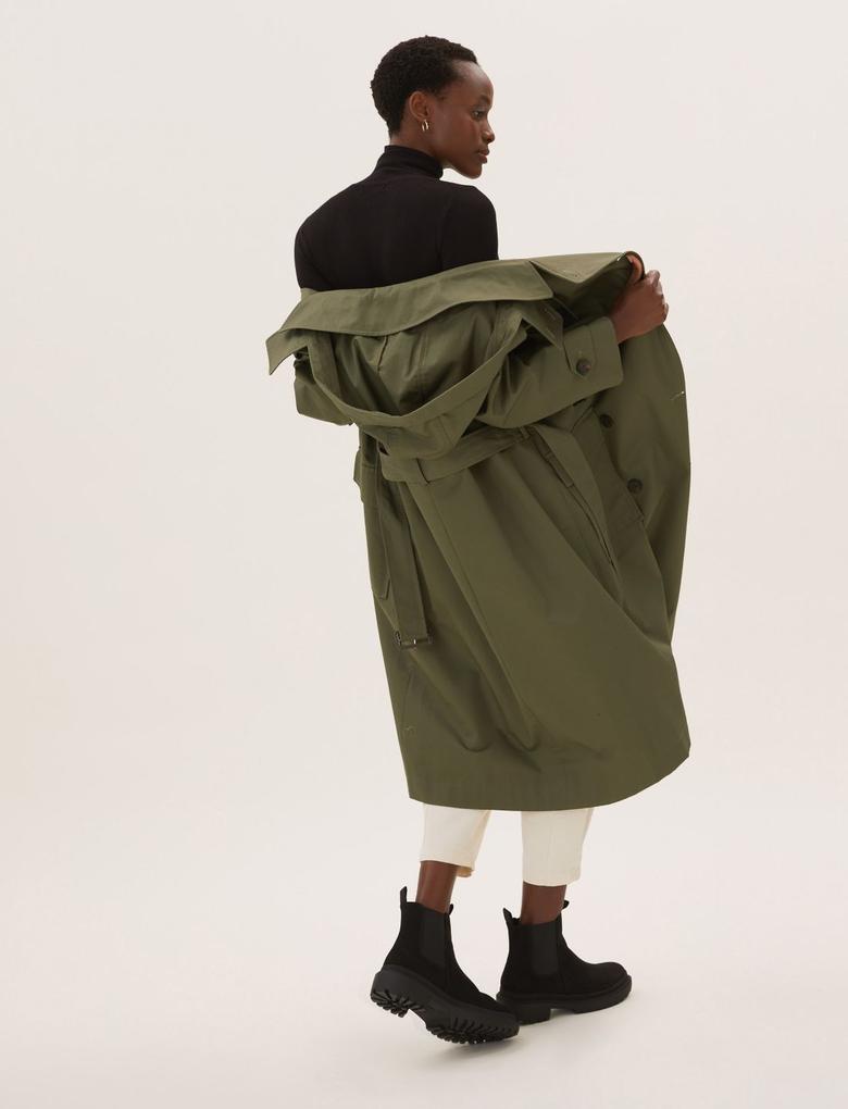 Kadın Yeşil Saf Pamuklu Stormwear™ Kapüşonlu Trençkot