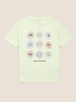 Kız Çocuk Sarı Saf Pamuklu Çiçek Desenli T-Shirt (6-16 Yaş)