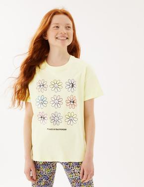 Kız Çocuk Sarı Saf Pamuklu Çiçek Desenli T-Shirt (6-16 Yaş)
