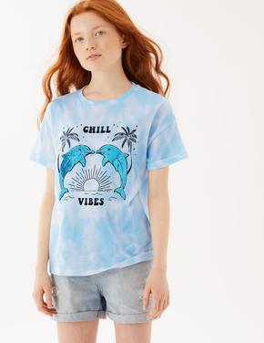 Kız Çocuk Mavi Saf Pamuklu Çift Yönlü Pullu T-Shirt (6-16 Yaş)