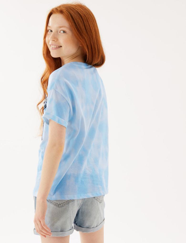 Kız Çocuk Mavi Saf Pamuklu Çift Yönlü Pullu T-Shirt (6-16 Yaş)