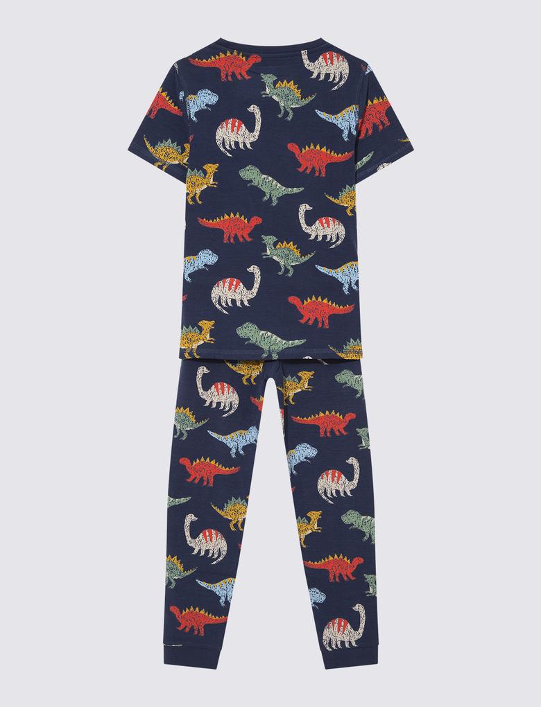 Çocuk Multi Renk Dinozor Desenli Kısa Kollu Pijama Takımı