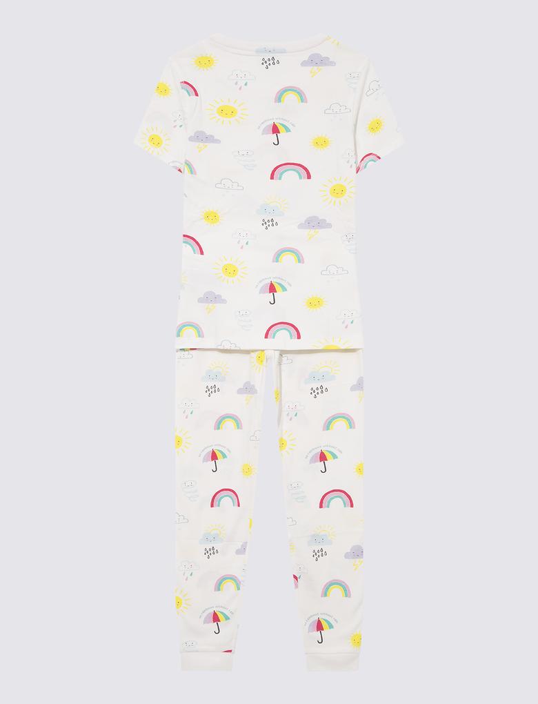 Çocuk Beyaz Grafik Desenli Kısa Kollu Pijama Takımı