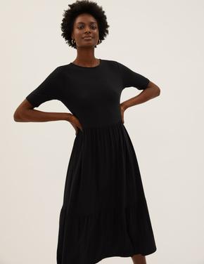Kadın Siyah Regular Fit Kısa Kollu Midi Elbise