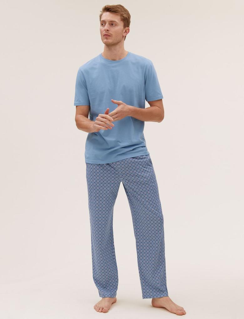 Erkek Mavi Saf Pamuklu Kısa Kollu Pijama Takımı