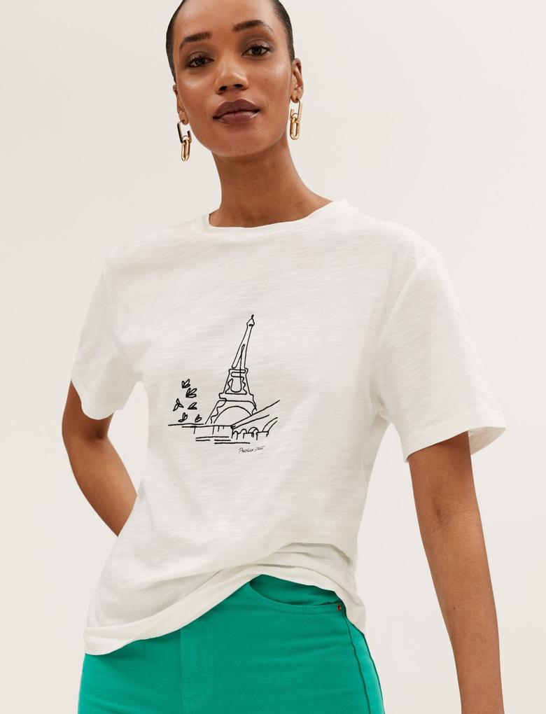 Kadın Beyaz Saf Pamuklu İşleme Detaylı T-Shirt