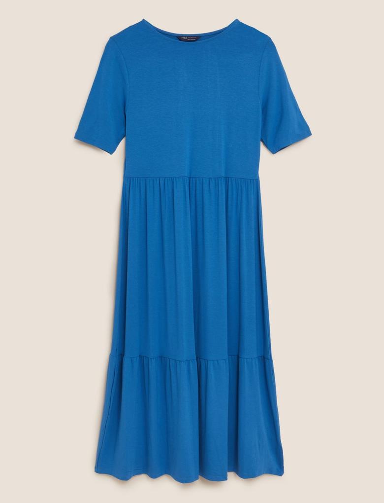 Kadın Mavi Regular Fit Kısa Kollu Midi Elbise