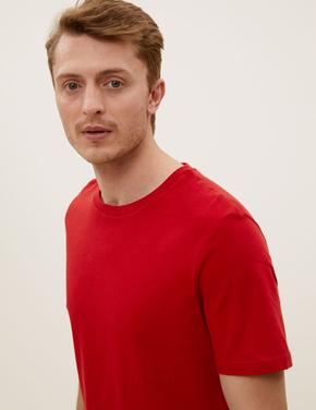 Erkek Kırmızı Saf Pamuklu Yuvarlak Yaka T-Shirt