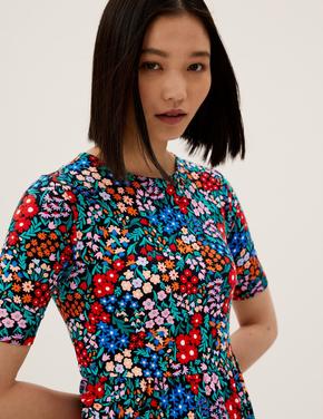 Kadın Multi Renk Çiçek Desenli Midi Örme Elbise