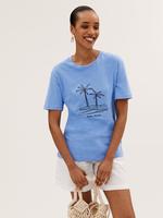 Kadın Mavi Saf Pamuklu İşleme Detaylı T-Shirt