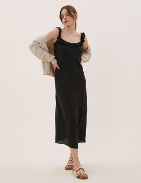 Kadın Siyah Fırfır Detaylı Midi Elbise