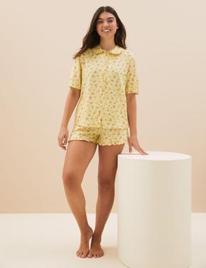 Kadın Sarı Çiçek Desenli Kısa Kollu Pijama Takımı