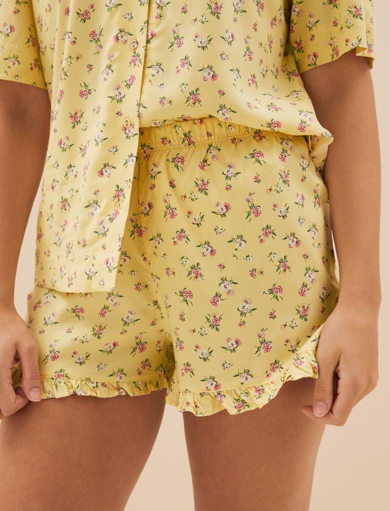Kadın Sarı Çiçek Desenli Kısa Kollu Pijama Takımı
