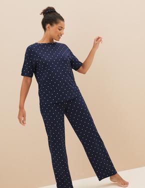 Kadın Lacivert Puantiye Desenli Kısa Kollu Pijama Takımı