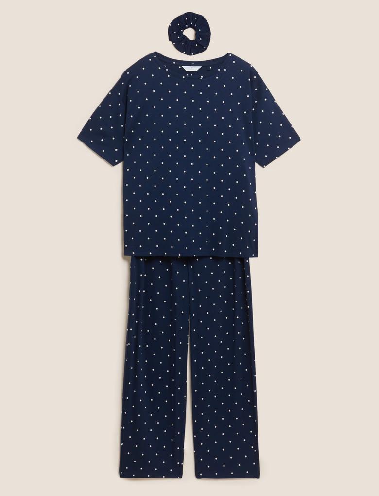 Kadın Lacivert Puantiye Desenli Kısa Kollu Pijama Takımı