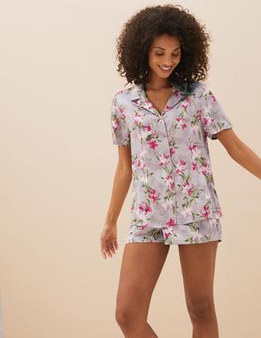 Kadın Gri Çiçek Desenli Saten Pijama Takımı