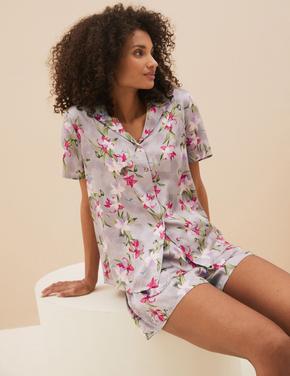 Kadın Gri Çiçek Desenli Saten Pijama Takımı