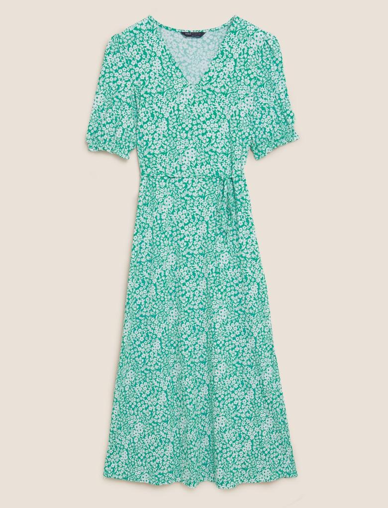 Kadın Yeşil Çiçek Desenli Midi Örme Elbise