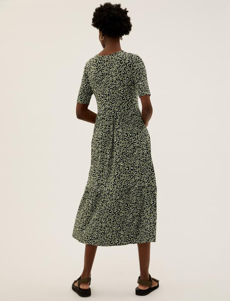 Kadın Yeşil Leopar Desenli Midi Elbise