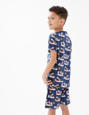 Çocuk Lacivert Köpekbalığı Desenli Kısa Kollu Pijama Takımı (7-16 Yaş)
