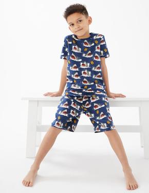 Çocuk Lacivert Köpekbalığı Desenli Kısa Kollu Pijama Takımı (7-16 Yaş)