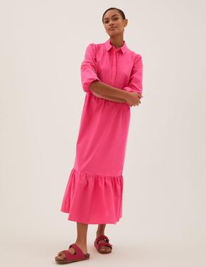 Kadın Pembe Saf Pamuklu Midi Gömlek Elbise