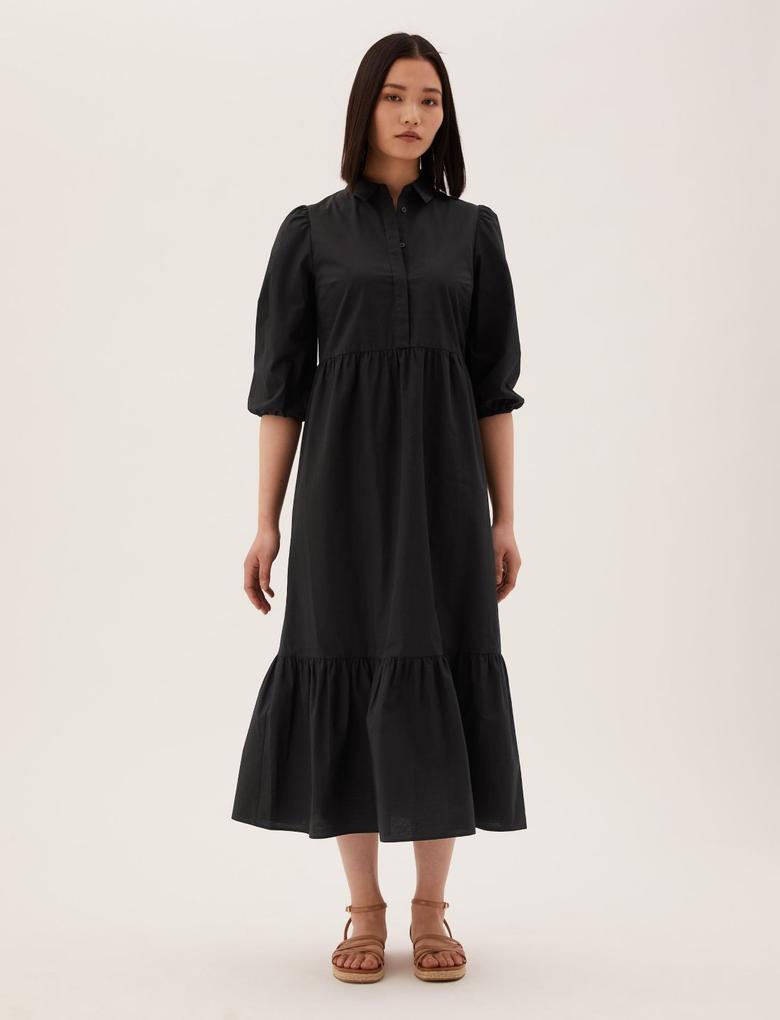 Kadın Siyah Saf Pamuklu Midi Gömlek Elbise