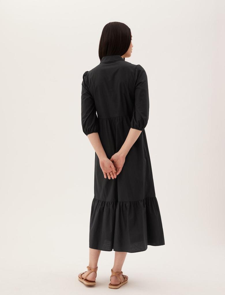 Kadın Siyah Saf Pamuklu Midi Gömlek Elbise