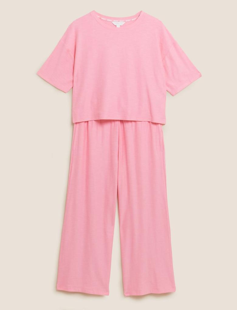 Kadın Pembe Flexifit™ Kısa Kollu Crop Pijama Takımı