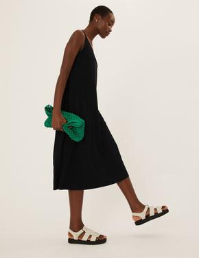 Kadın Siyah Relaxed Fit Midi Elbise