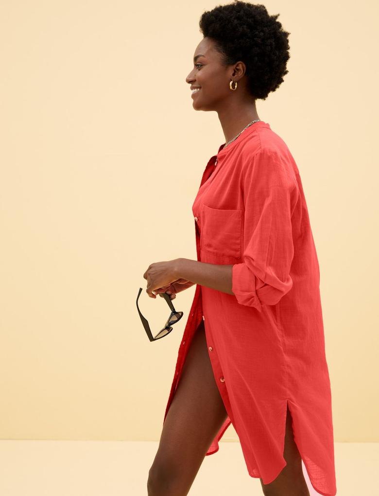 Kadın Turuncu Saf Pamuklu Uzun Kollu Plaj Elbisesi