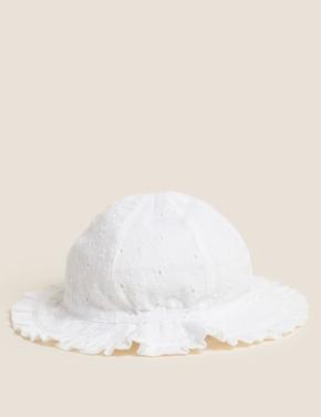  Beyaz Saf Pamuklu Fırfır Detaylı Şapka (1-6 Yaş)