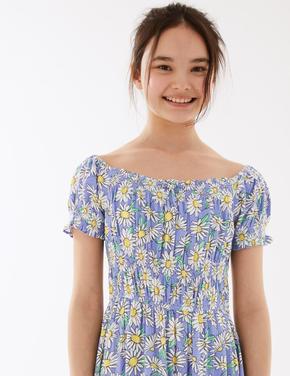 Kız Çocuk Mavi Çiçek Desenli Kısa Kollu Elbise (6-16 Yaş)
