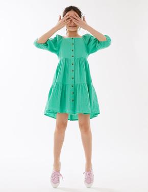 Kız Çocuk Yeşil Saf Pamuklu Düğme Detaylı Elbise (6-16 Yaş)