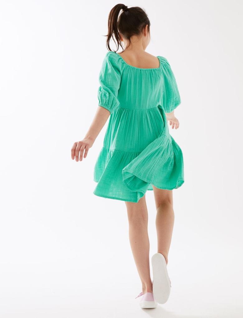 Kız Çocuk Yeşil Saf Pamuklu Düğme Detaylı Elbise (6-16 Yaş)