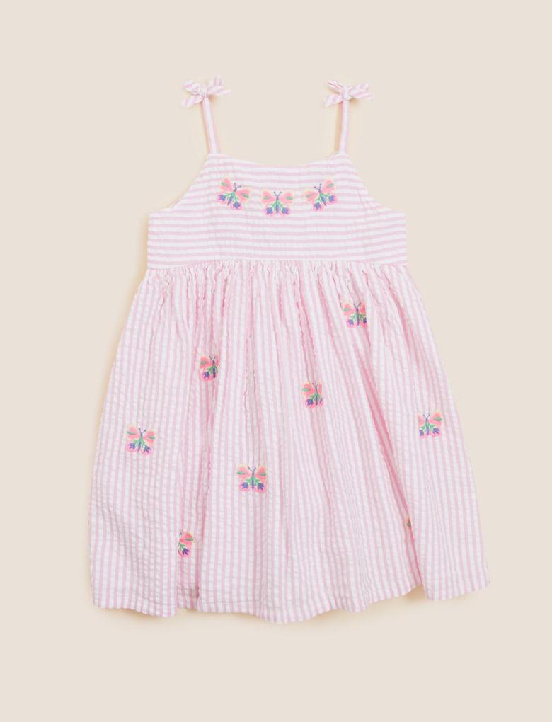 Kız Çocuk Pembe Saf Pamuklu Kelebek Desenli Elbise (2-7 Yaş)