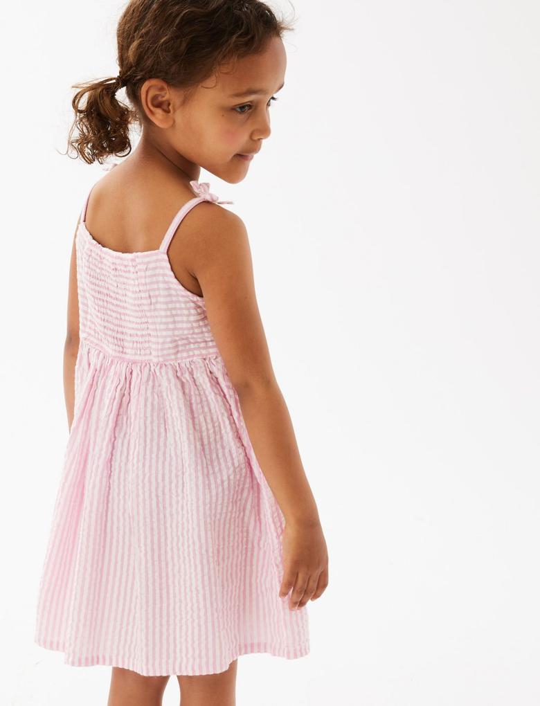 Kız Çocuk Pembe Saf Pamuklu Kelebek Desenli Elbise (2-7 Yaş)
