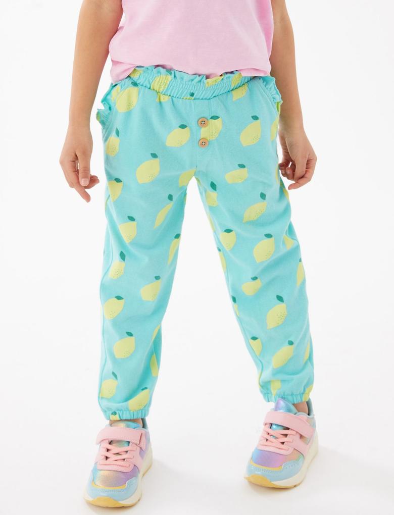 Kız Çocuk Mavi Saf Pamuklu Limon Desenli Pantolon (2-7 Yaş)
