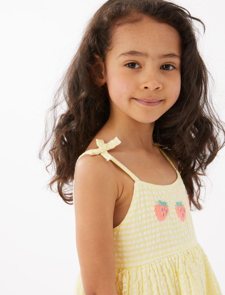 Kız Çocuk Sarı Saf Pamuklu Çilek Desenli Elbise (2-7 Yaş)