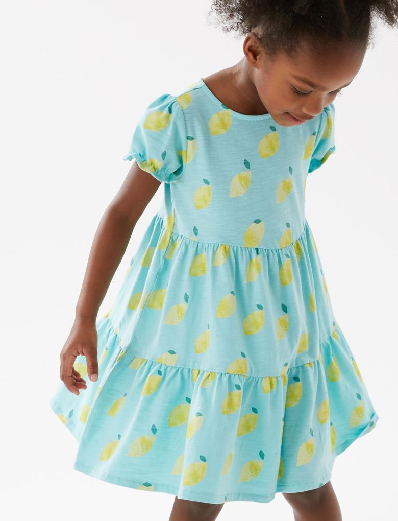 Kız Çocuk Mavi Saf Pamuklu Limon Desenli Elbise (2-7 Yaş)