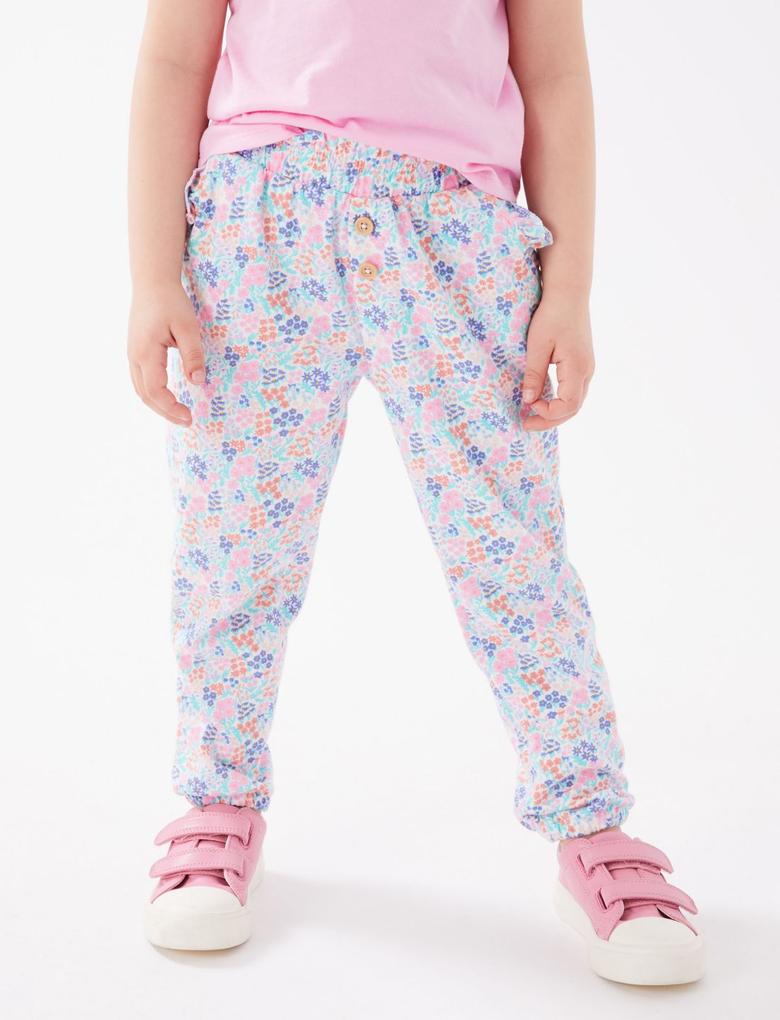 Kız Çocuk Multi Renk Saf Pamuklu Çiçek Desenli Pantolon (2-7 Yaş)