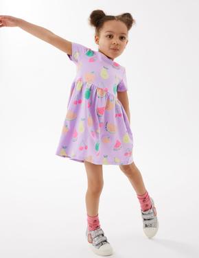 Kız Çocuk Mor Saf Pamuklu Meyve Desenli Elbise (2-7 Yaş)