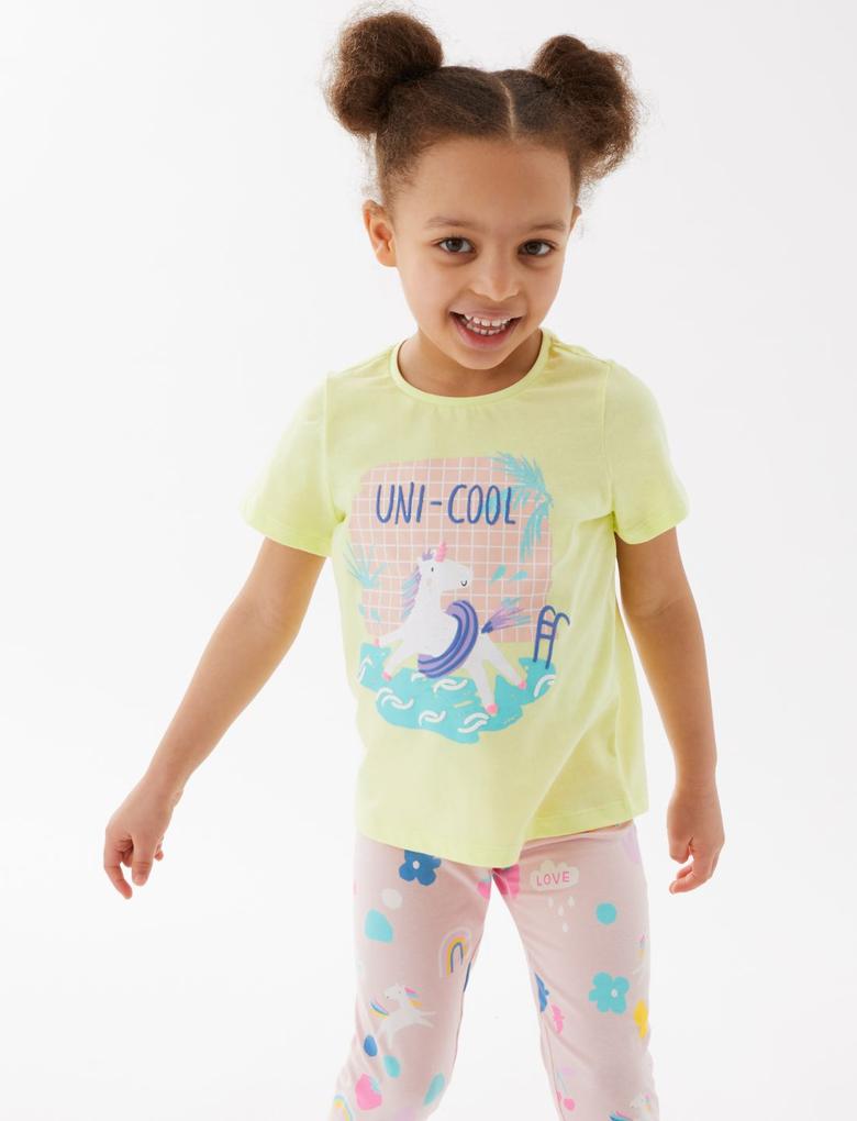 Kız Çocuk Sarı Saf Pamuklu Unicorn Desenli T-Shirt (2-7 Yaş)