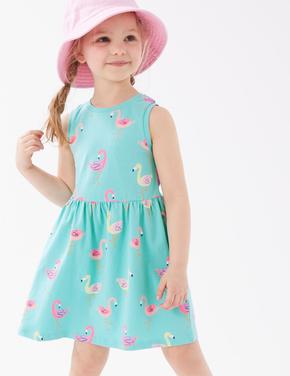Kız Çocuk Mavi Saf Pamuklu Flamingo Desenli Elbise (2-7 Yaş)