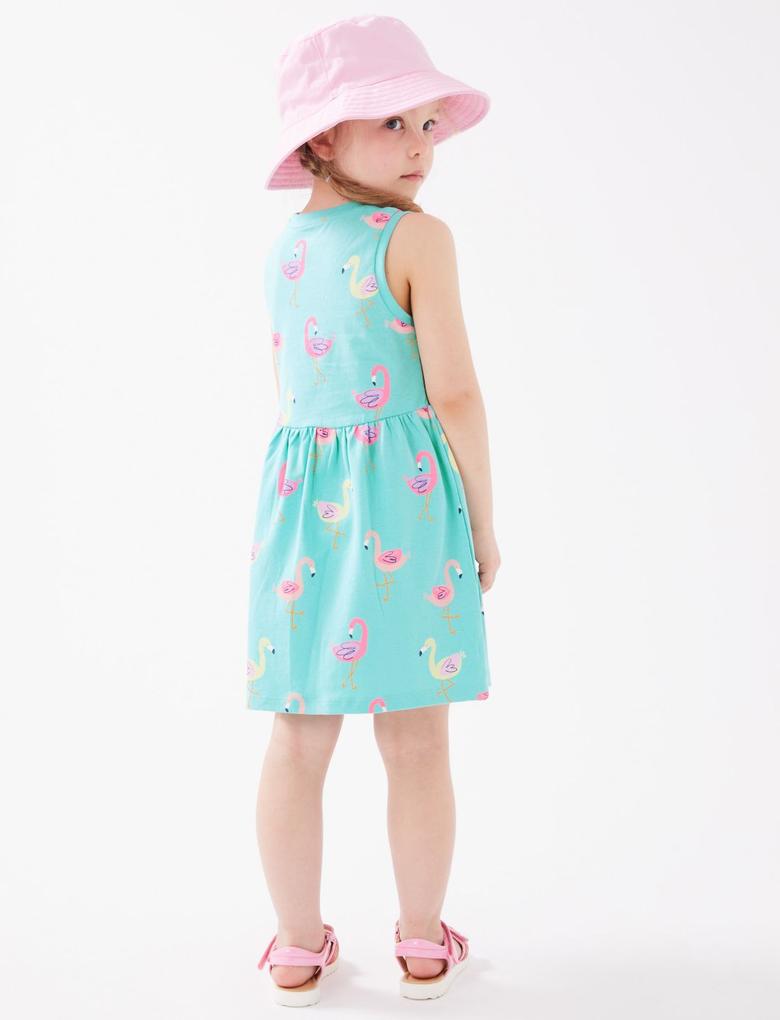 Kız Çocuk Mavi Saf Pamuklu Flamingo Desenli Elbise (2-7 Yaş)
