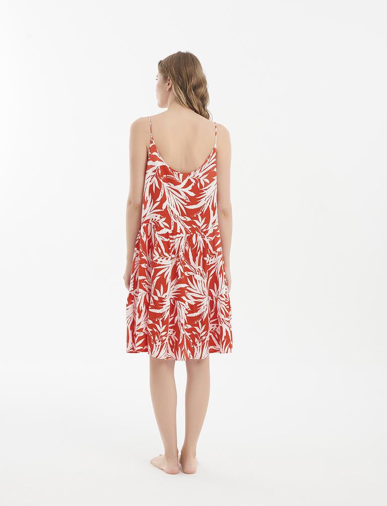 Kadın Kırmızı Palmiye Desenli Askılı Plaj Elbisesi